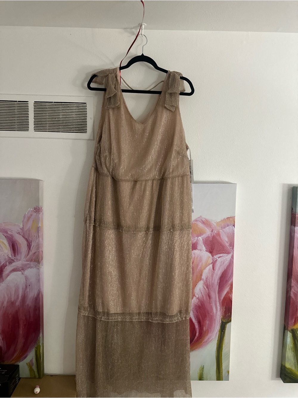 Feminine Sheer Metallic Taupe Tiered Maxi Dress - Women's